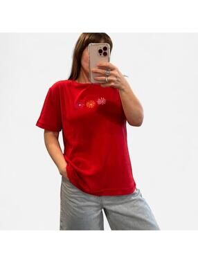 Vintage Y2K Red Baby Tee Floral Embroidered